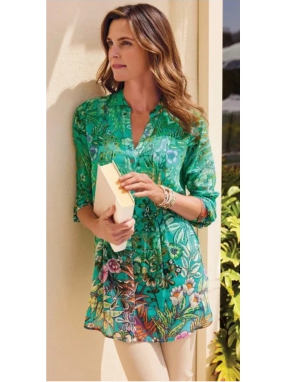 SOFT SURROUNDINGS Green Luau Garden Button Front Shirt Size XL